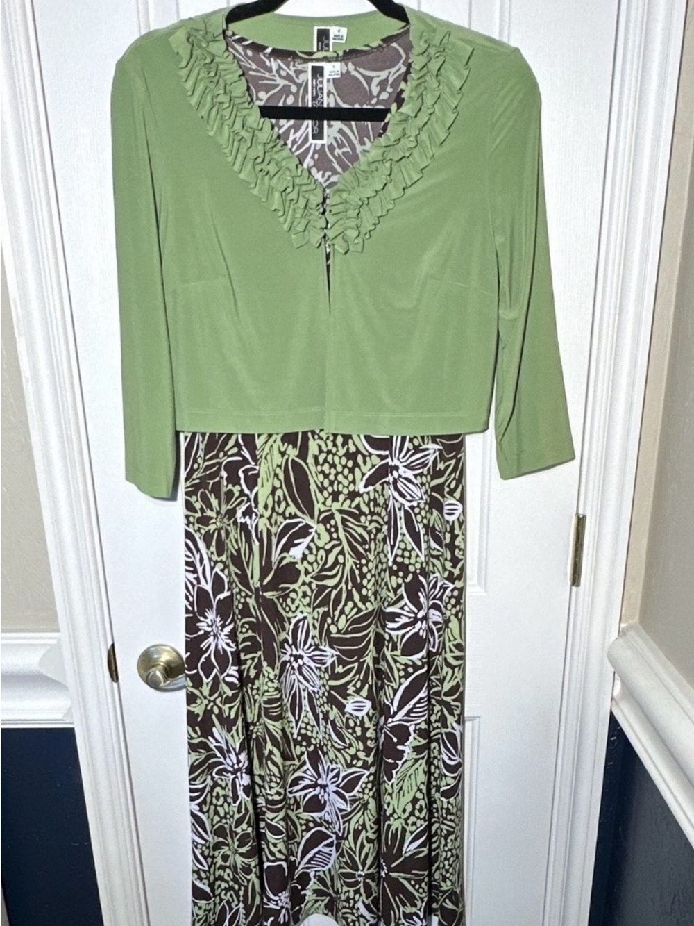 Julian Taylor Green Jacket with Brown and White Floral Midi Dress Size 6 - Picture 3 of 7